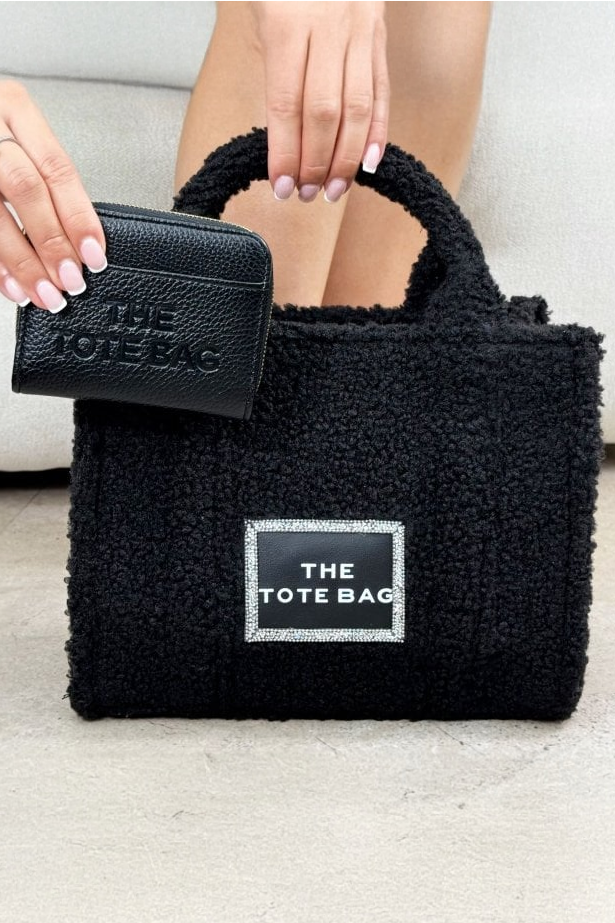 Crystal Trim Teddy Medium Tote Black &amp; Zip Up Tote Bag Purse Black Bundle, finished with a medium-sized silhouette.