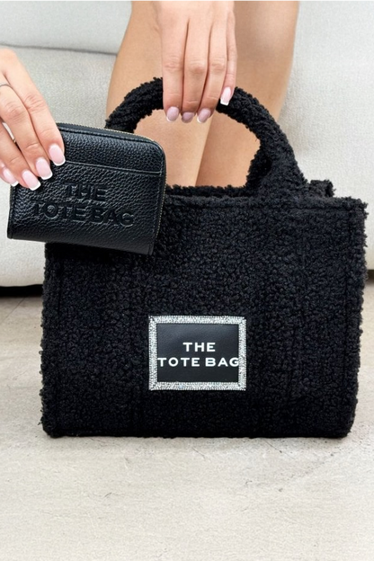 Crystal Trim Teddy Medium Tote Black &amp; Zip Up Tote Bag Purse Black Bundle, finished with a medium-sized silhouette.
