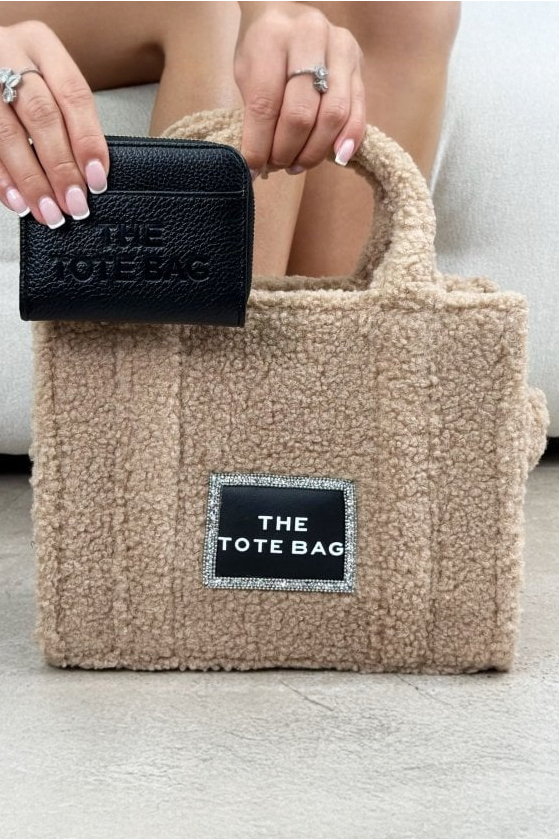 Crystal Trim Teddy Medium Tote Mocha &amp; Zip Up Tote Bag Purse Black Bundle, finished with a medium-sized silhouette.