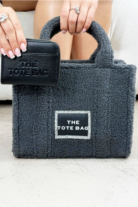 Crystal Trim Teddy Medium Tote Grey &amp; Zip Up Tote Bag Purse Black Bundle, finished with a medium-sized silhouette.
