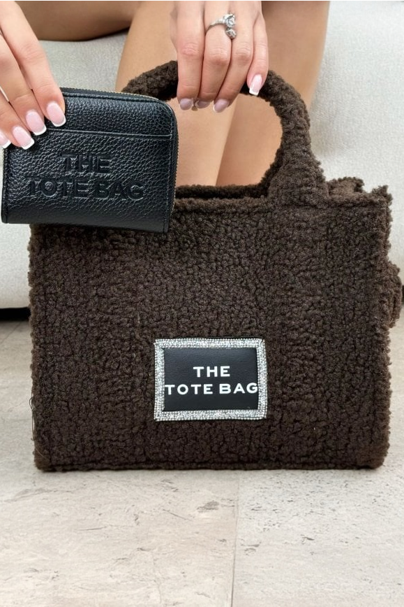 Crystal Trim Teddy Medium Tote Coffee Brown &amp; Zip Up Tote Bag Purse Black Bundle, finished with a medium-sized silhouette.