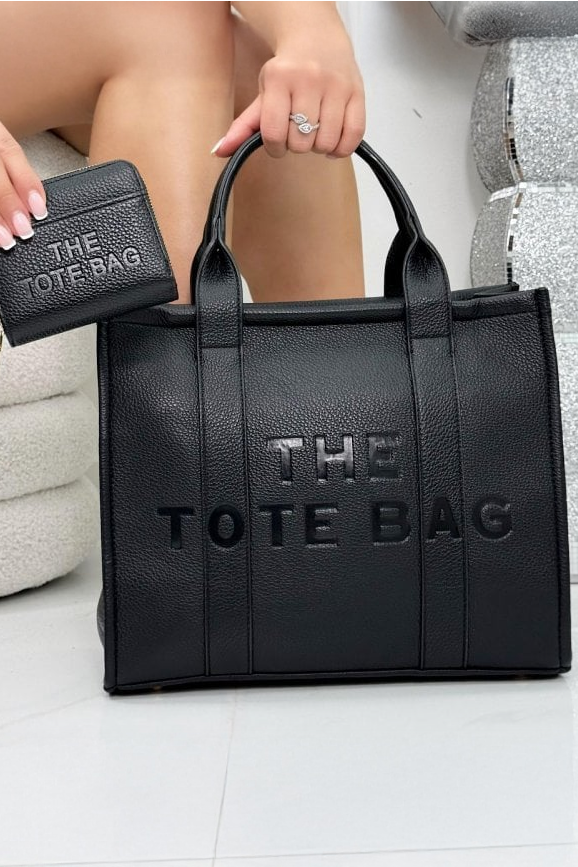 Faux Leather Large Tote Bag Black &amp; Zip Up Tote Bag Purse Black Bundle featuring striking black faux leather  with a textured, luxury feel