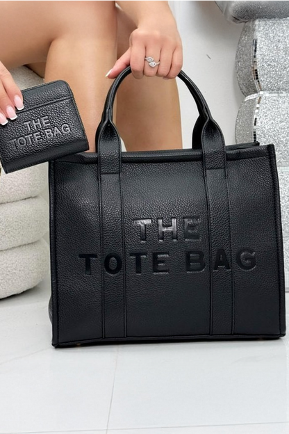 Faux Leather Large Tote Bag Black &amp; Zip Up Tote Bag Purse Black Bundle featuring striking black faux leather  with a textured, luxury feel