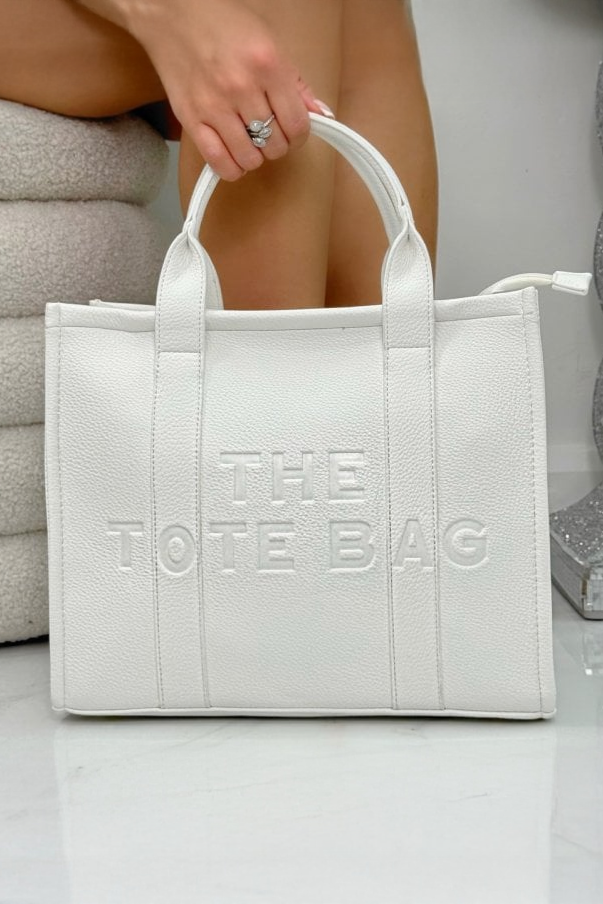 Faux Leather Large Tote Bag White with striking white faux leather  with a textured, luxury feel