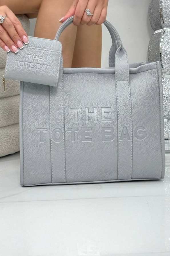 Faux Leather Large Tote Bag Grey &amp; Zip Up Tote Bag Purse Grey Bundle finished with striking grey faux leather  with a textured, luxury feel