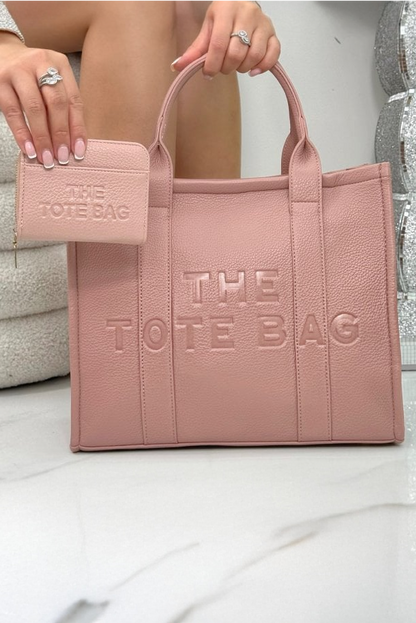 Faux Leather Large Tote Bag Pink &amp; Zip Up Tote Bag Purse Pink Bundle featuring striking pink faux leather  with a textured, luxury feel