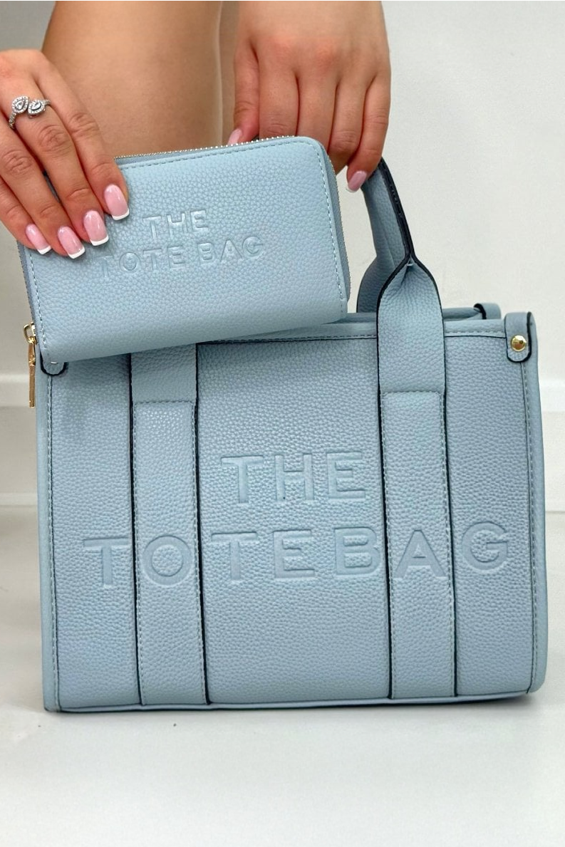 Faux Leather Medium Tote Bag Blue &amp; Faux Leather Everyday Wallet Tote Purse Blue Bundle featuring soft blue faux leather  with a high-end textured finish