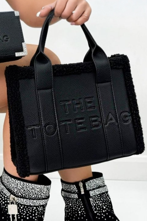 Winter Crush Medium Sherpa Handbag Black Noir designed with faux pebbled leather with faux sherpa trim