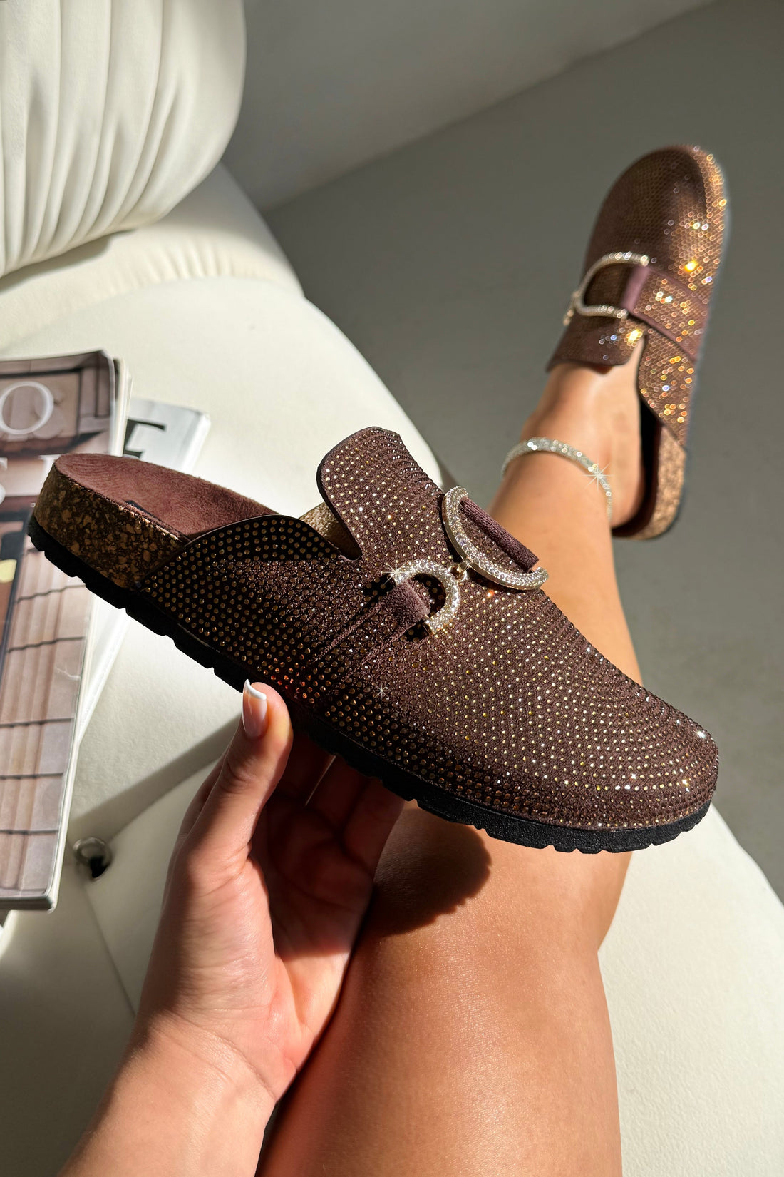 Crystal Imperial Suede Slip On Clog Mules Brown finished with crystal embellished buckle detail