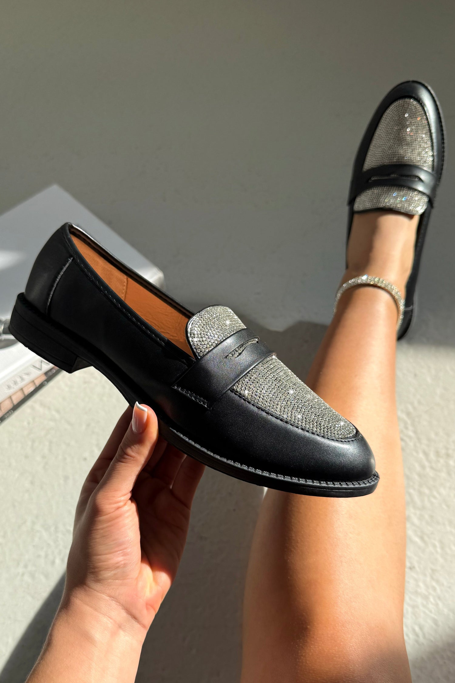 Crystal Shimmer Dream Panel Loafers Black finished with classic loafer silhouette