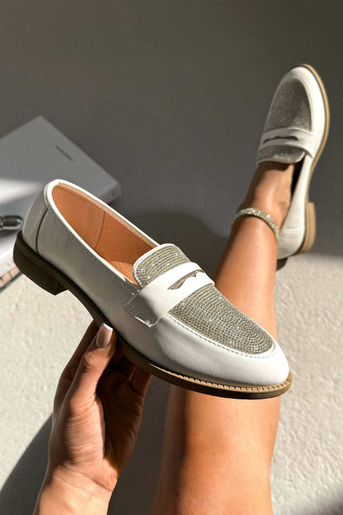 Crystal Shimmer Dream Panel Loafers White with classic loafer silhouette