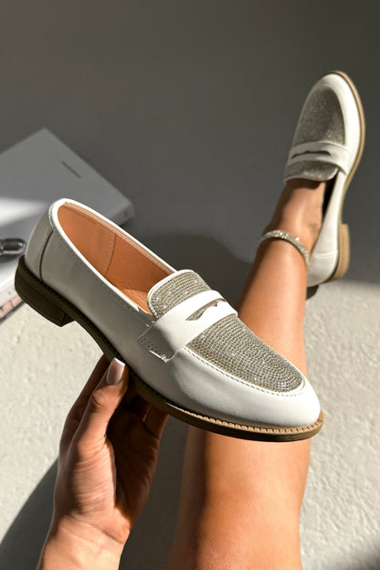 Crystal Shimmer Dream Panel Loafers White with classic loafer silhouette