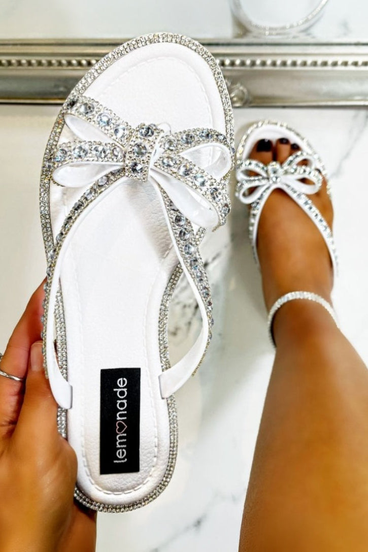Crystal Glamour Bow Flip Flops Limited Edition White