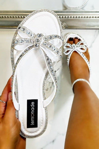 Crystal Glamour Bow Flip Flops Limited Edition White