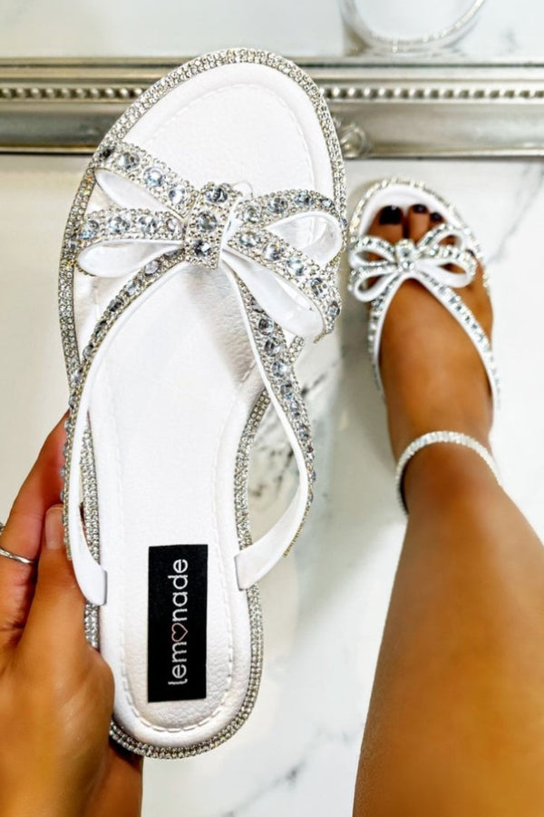 Crystal Glamour Bow Flip Flops Limited Edition White