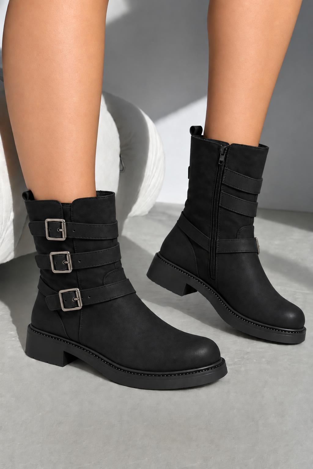 Harley Luxe Triple Buckle Slouch Faux Suede Biker Zip Up Ankle Boots Black