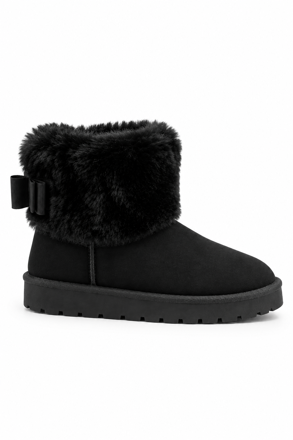 Hattie Comfort Faux Fur Bow Cuff Chunky Faux Suede Ankle Boots Black