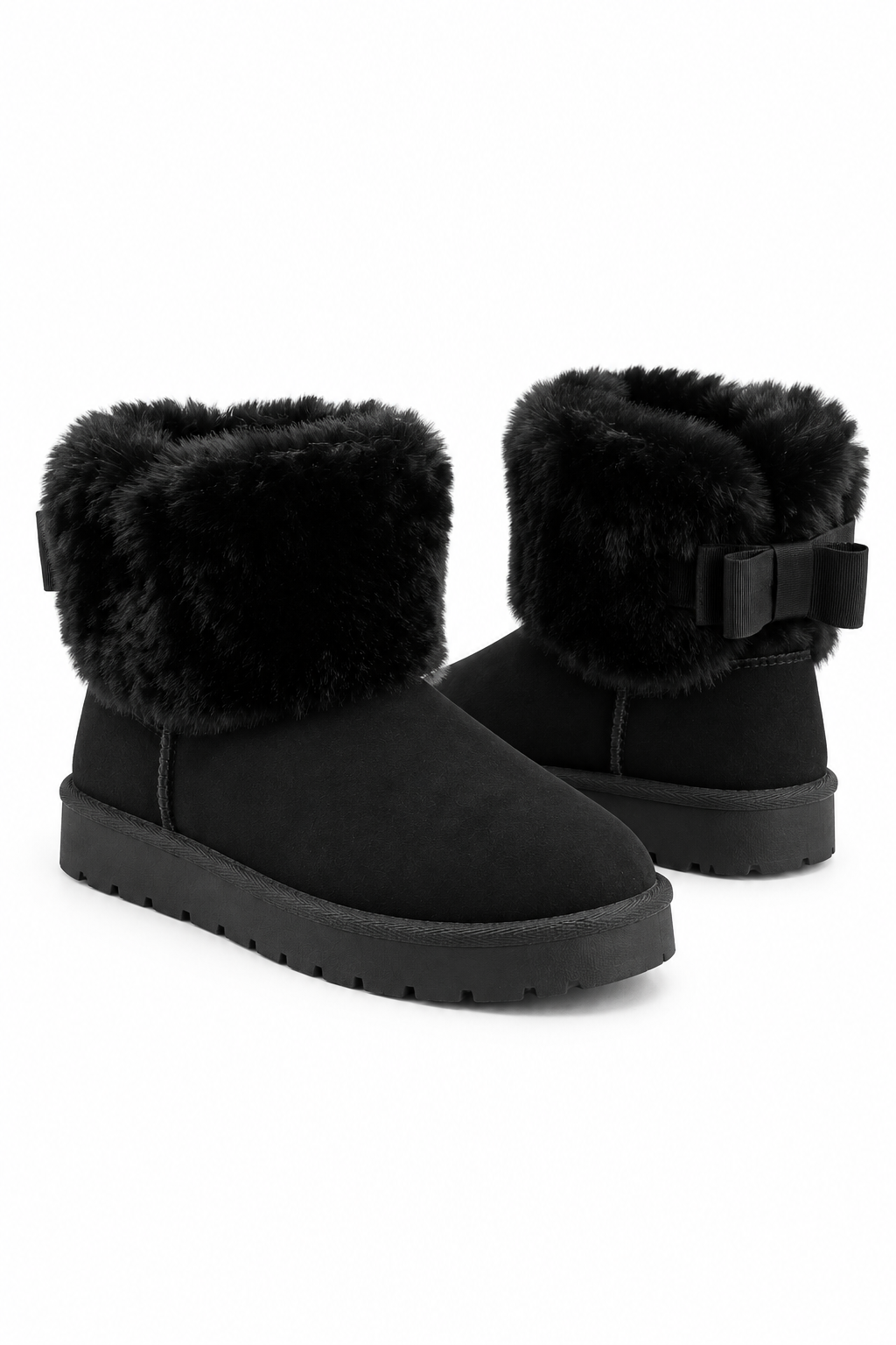 Hattie Comfort Faux Fur Bow Cuff Chunky Faux Suede Ankle Boots Black