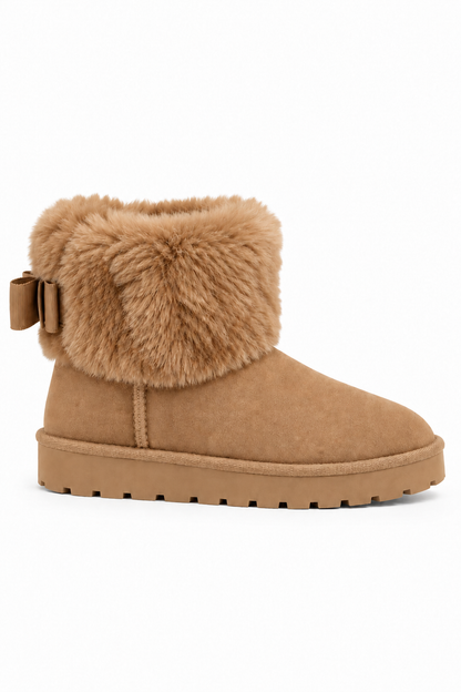 Hattie Comfort Faux Fur Bow Cuff Chunky Faux Suede Ankle Boots Latte Brown