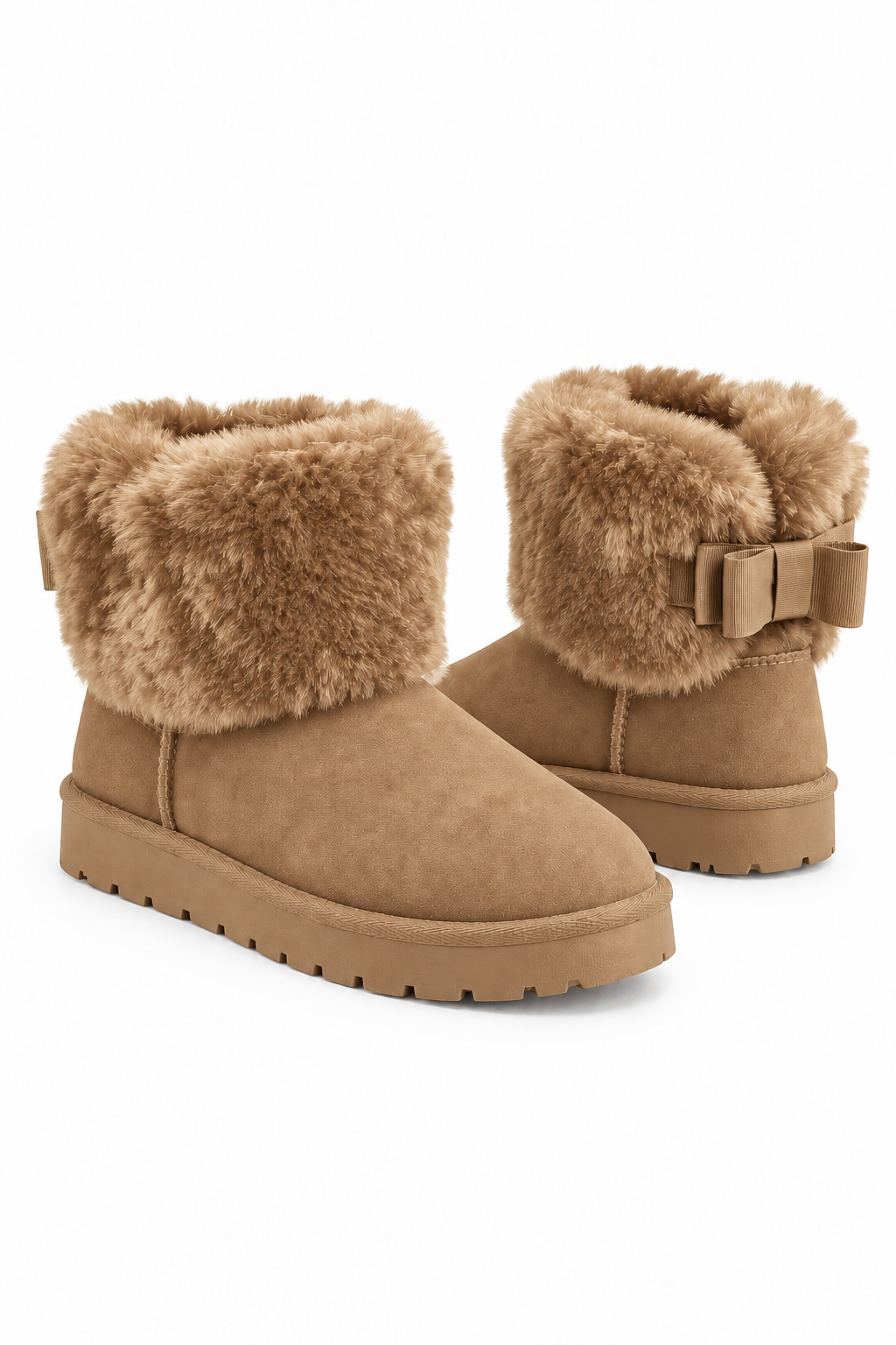 Hattie Comfort Faux Fur Bow Cuff Chunky Faux Suede Ankle Boots Latte Brown