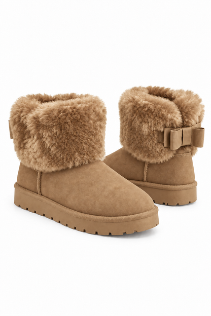 Hattie Comfort Faux Fur Bow Cuff Chunky Faux Suede Ankle Boots Latte Brown