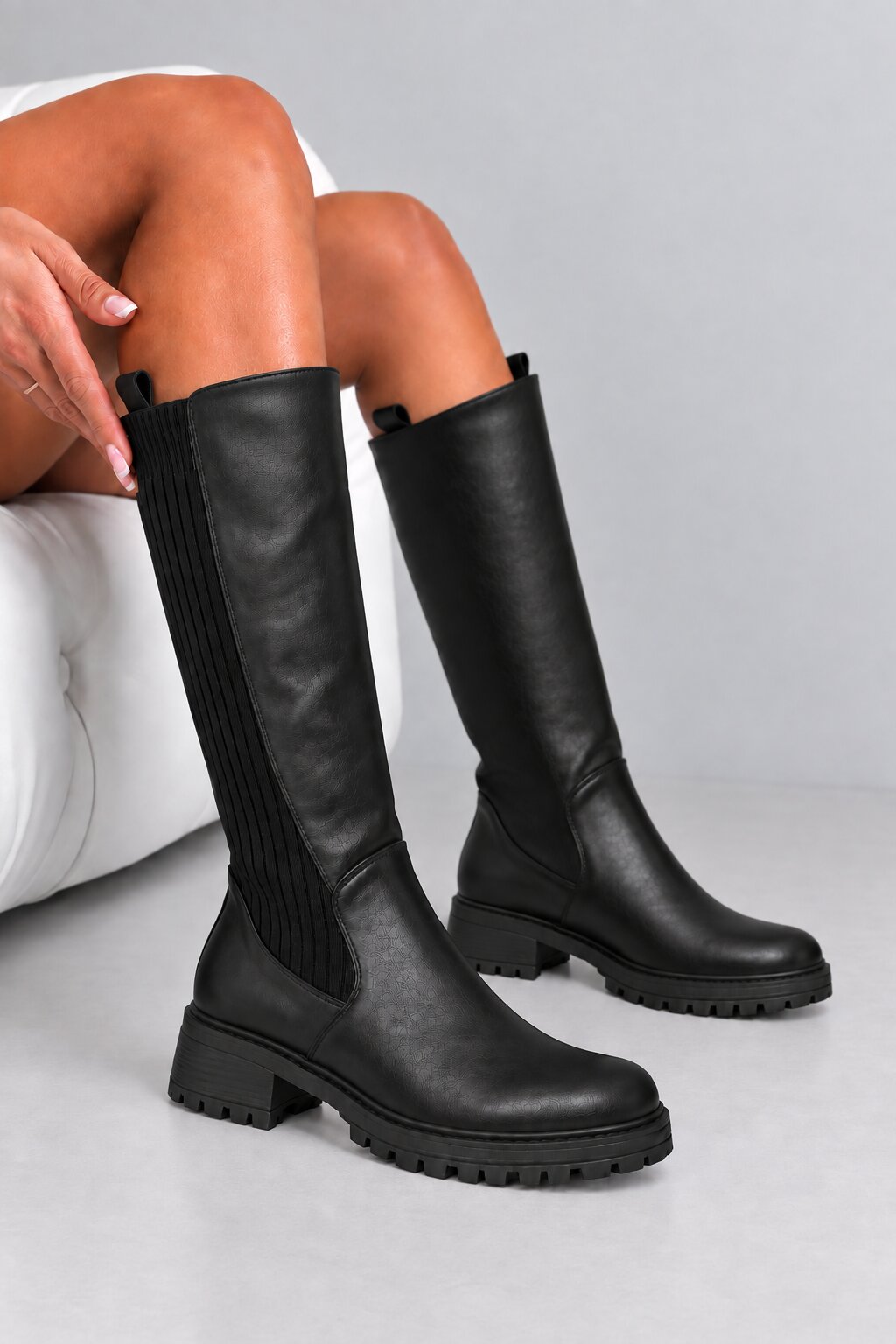 Henley Ribbed Stretch Panel Cleated Sole Knee High Boots Black