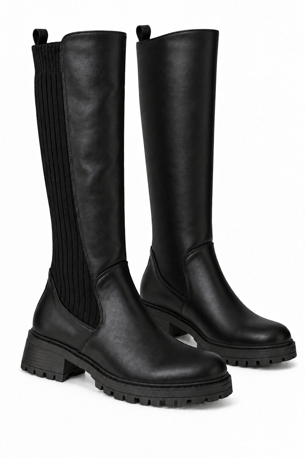 Henley Ribbed Stretch Panel Cleated Sole Knee High Boots Black