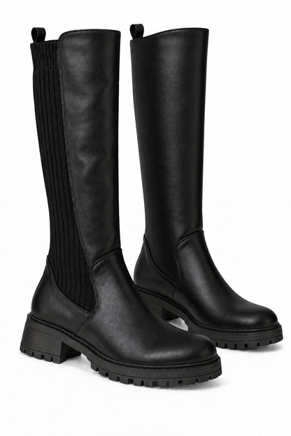 Henley Ribbed Stretch Panel Cleated Sole Knee High Boots Black