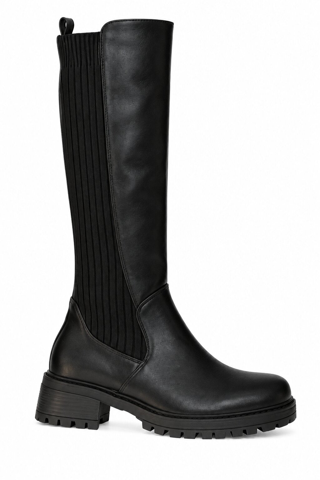 Henley Ribbed Stretch Panel Cleated Sole Knee High Boots Black