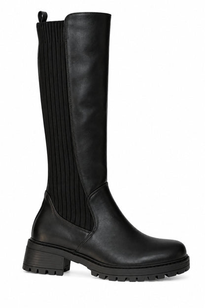 Henley Ribbed Stretch Panel Cleated Sole Knee High Boots Black