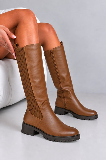 Henley Ribbed Stretch Panel Cleated Sole Knee High Boots Camel