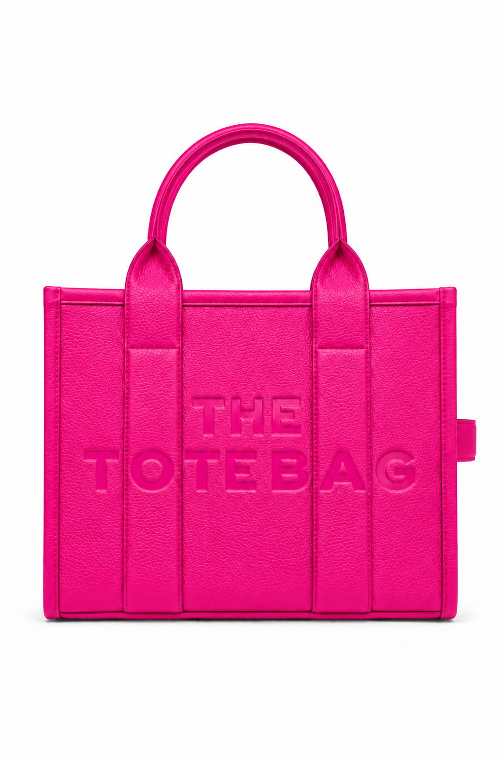 Hot Pink structured Tote bag with two rounded top handles, tonal embossed "THE TOTE BAG" lettering on the front, vertical stitched panels, matching pink stitching and a small side tab detail. White background. 