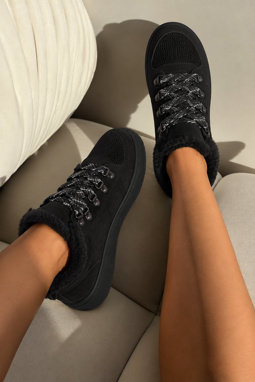 Hudson Comfort Faux Suede Check Lace Faux Fur Lined Trainers Black