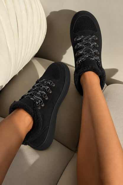 Hudson Comfort Faux Suede Check Lace Faux Fur Lined Trainers Black