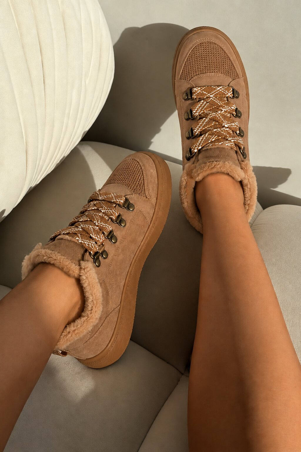 Hudson Comfort Faux Suede Check Lace Faux Fur Lined Trainers Camel