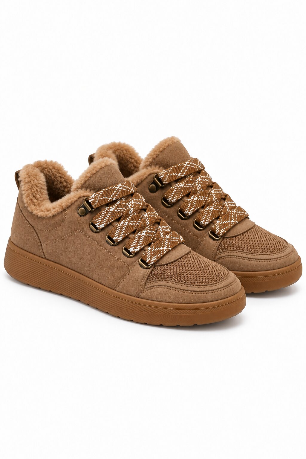 Hudson Comfort Faux Suede Check Lace Faux Fur Lined Trainers Camel