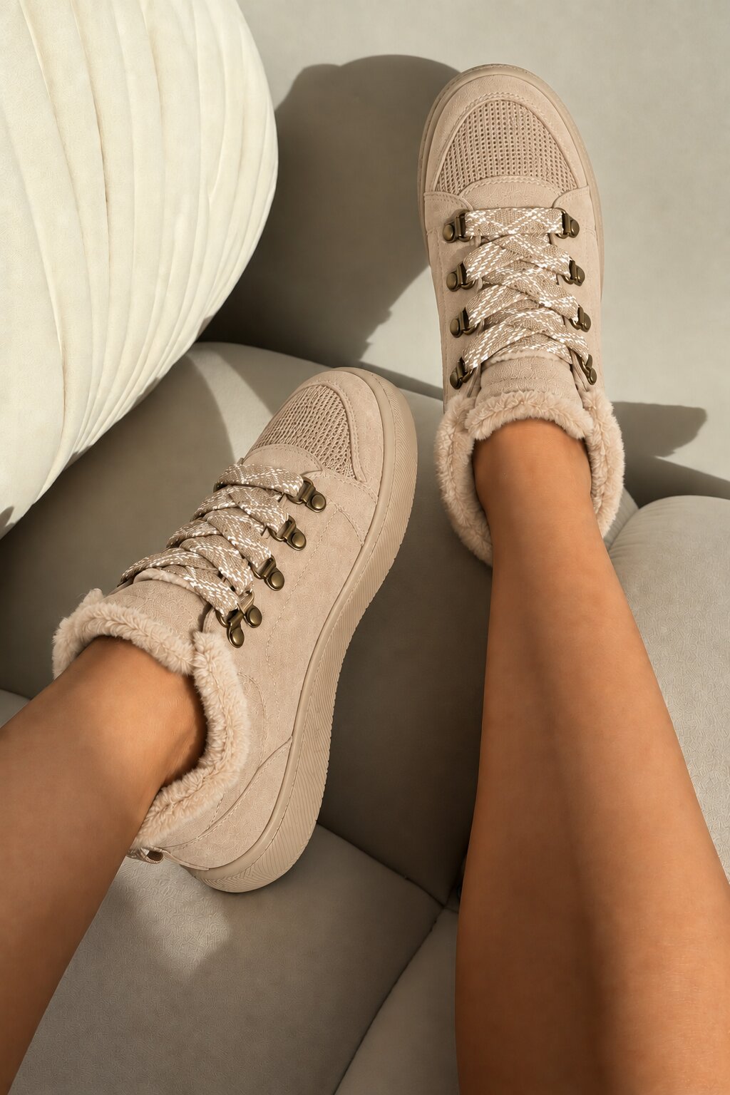 Hudson Comfort Faux Suede Check Lace Faux Fur Lined Trainers Nude
