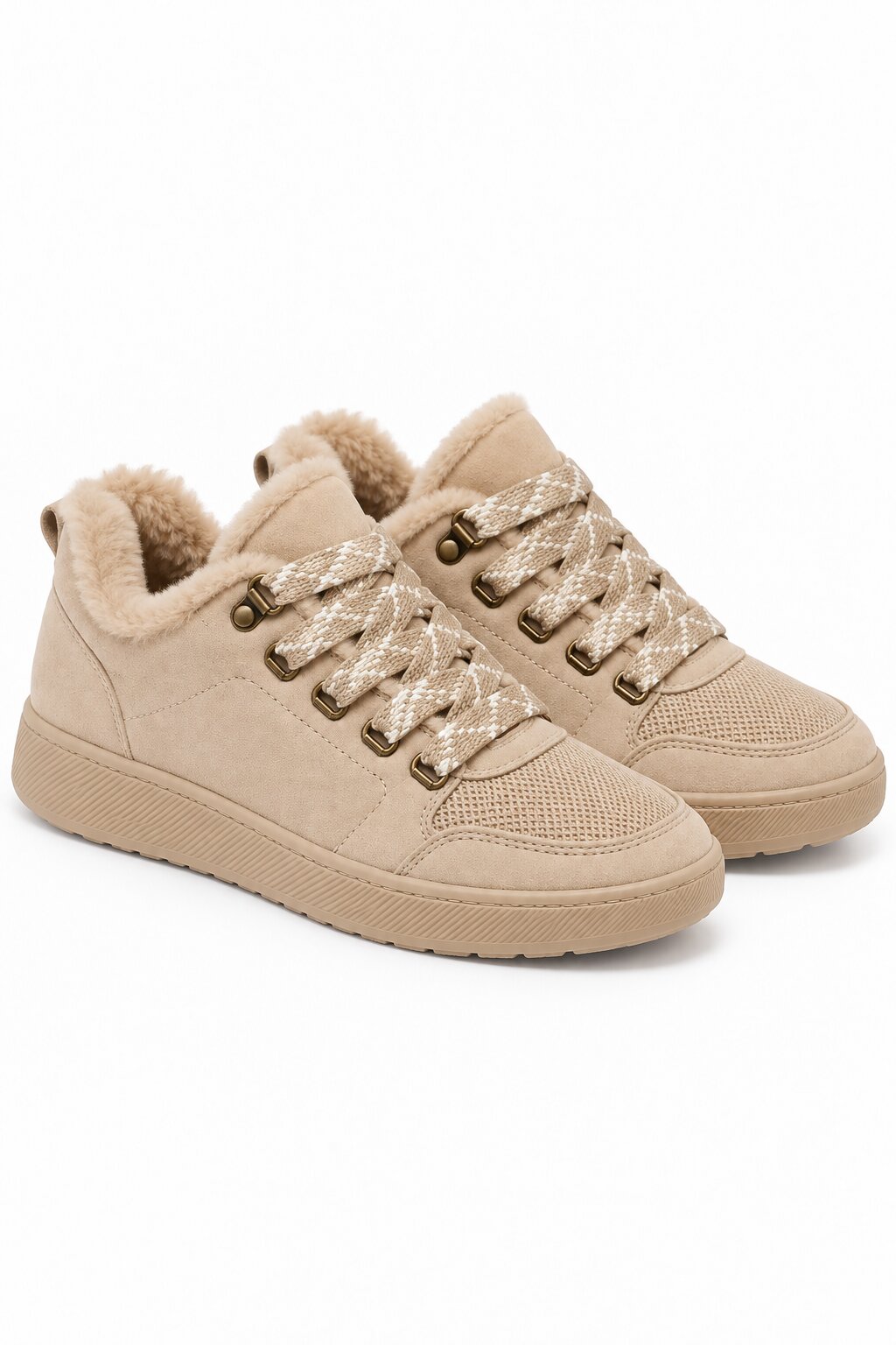 Hudson Comfort Faux Suede Check Lace Faux Fur Lined Trainers Nude