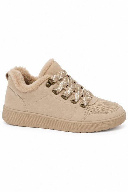 Hudson Comfort Faux Suede Check Lace Faux Fur Lined Trainers Nude