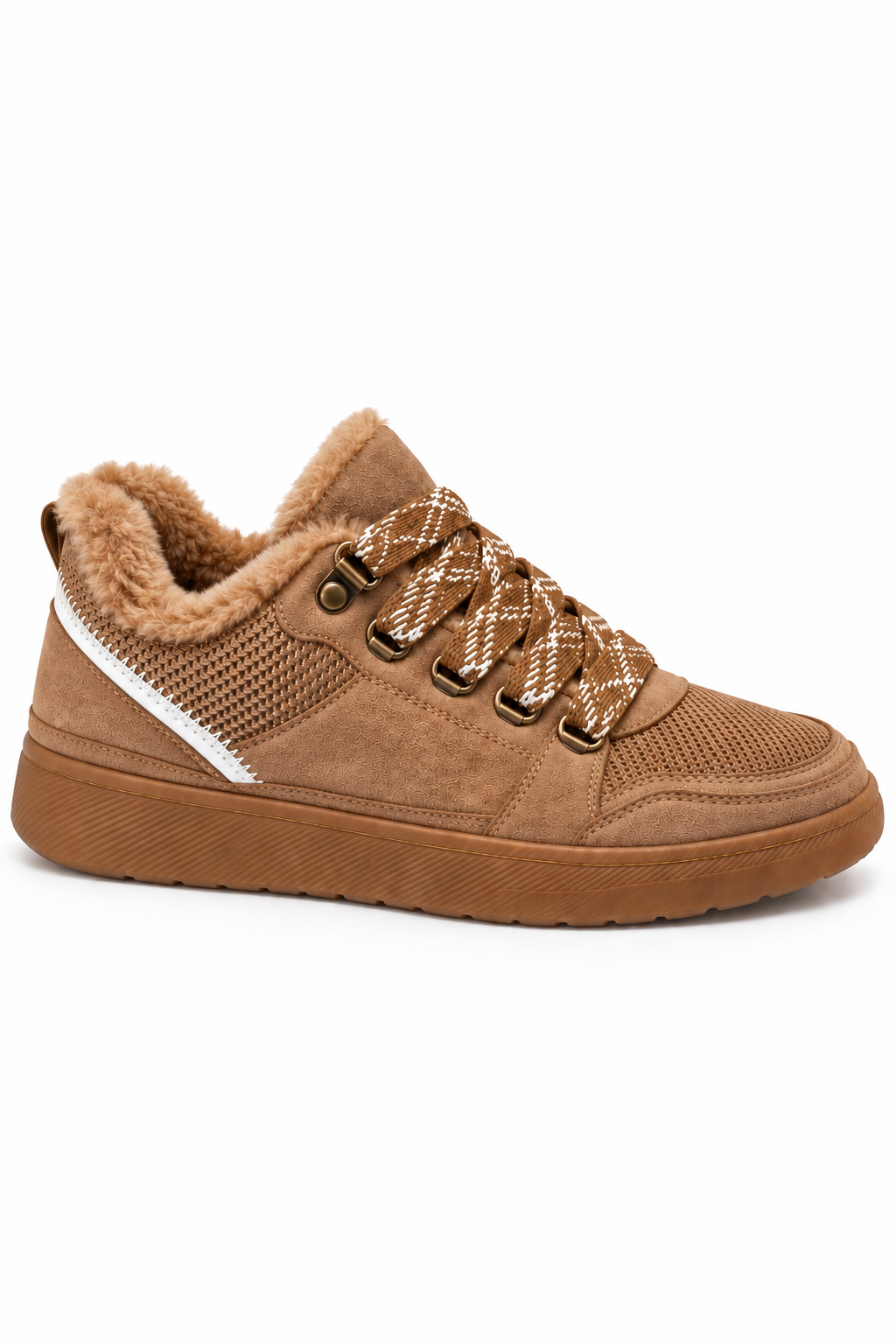 Hudson Comfort Faux Suede Check Lace Faux Fur Lined Trainers Camel