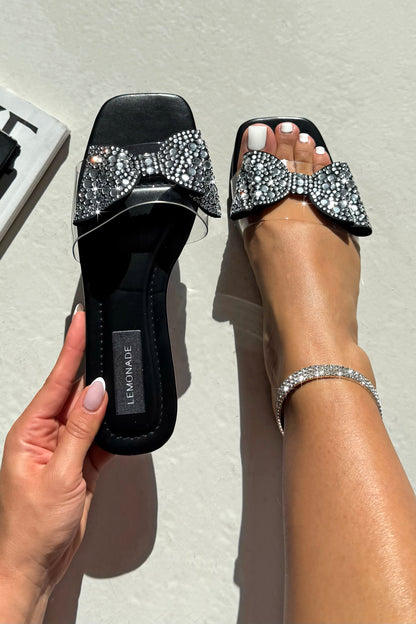 Sparkle Glam Bow Jelly Strap Sliders Black