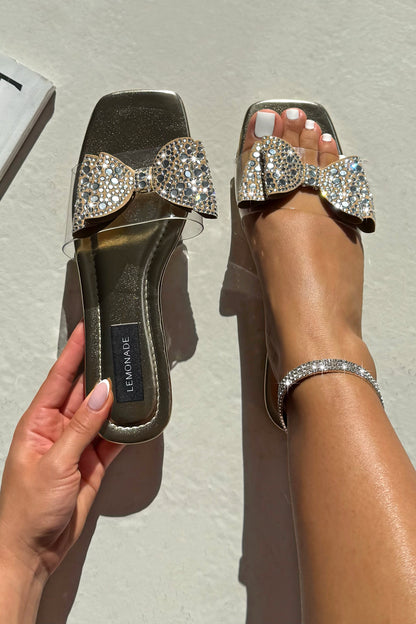 Sparkle Glam Bow Jelly Strap Sliders Gold