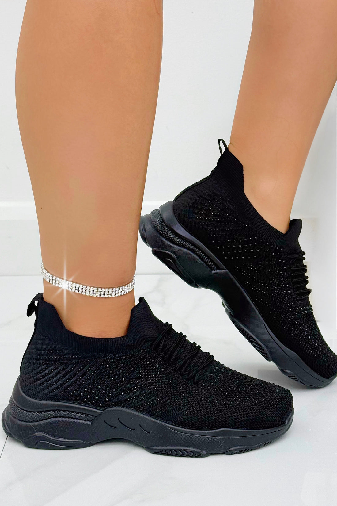 Crystal Comfort Flexi Trainers Black with stretchy Shoe