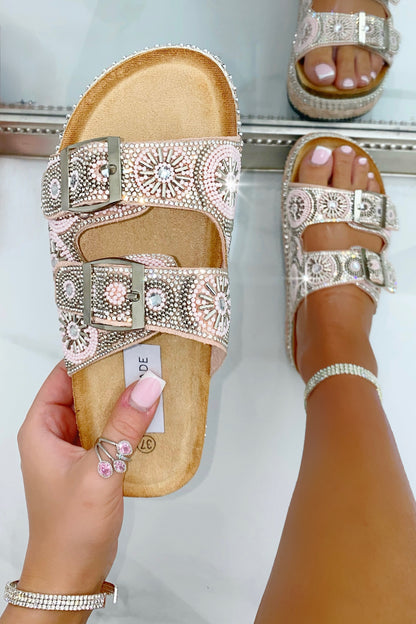 Crystal Radiant Double Strap Sliders Pink