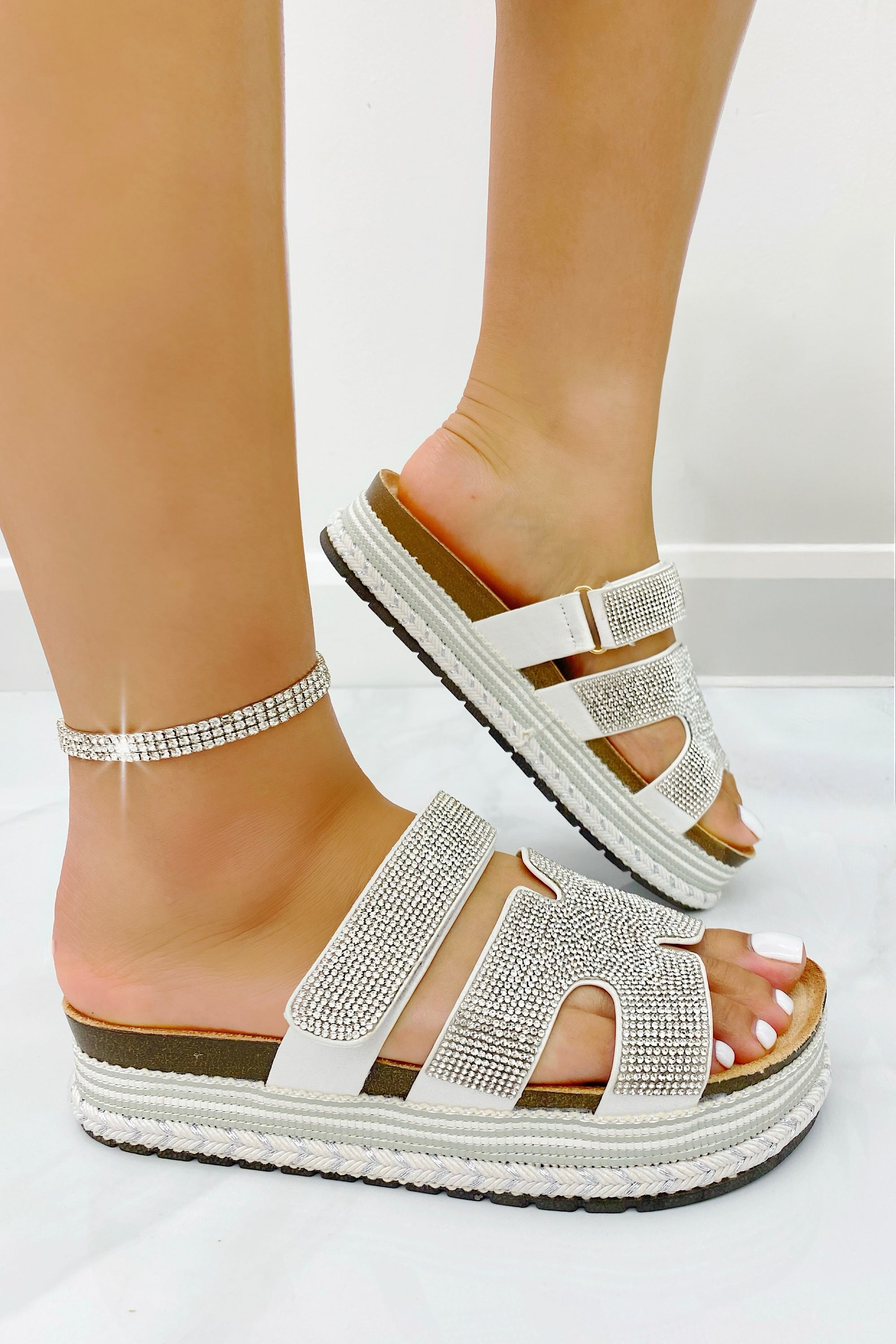 Crystal Luxe Double Strap Sliders Silver, bringing attention to crystal Embellishment
