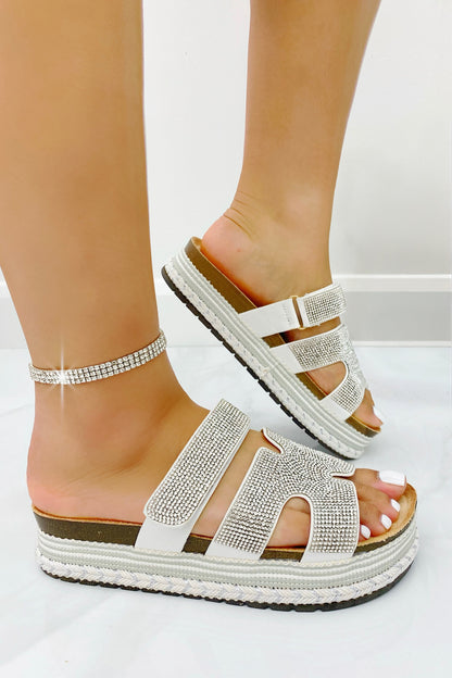 Crystal Luxe Double Strap Sliders Silver, bringing attention to crystal Embellishment
