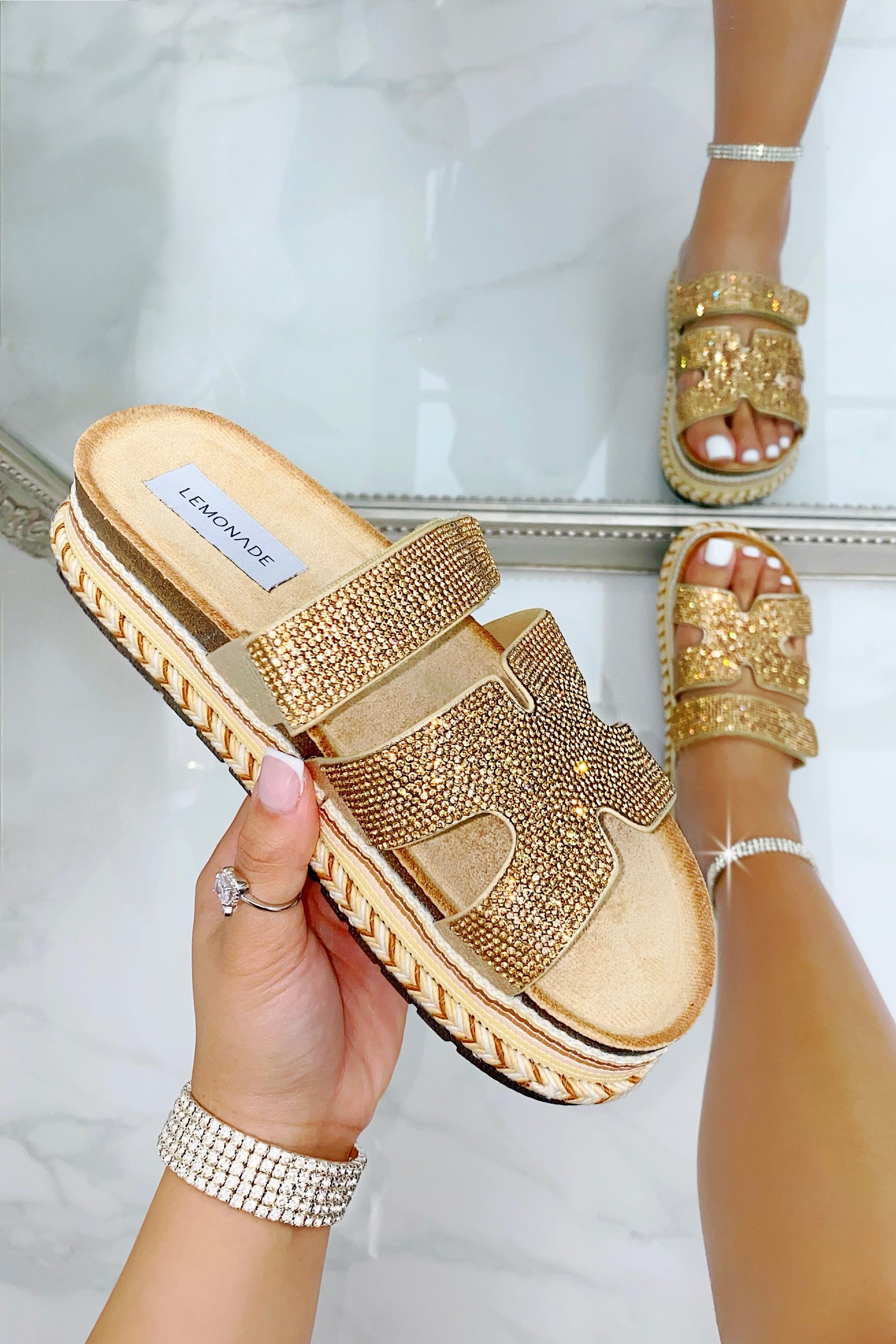 Crystal Luxe Double Strap Sliders Rose Gold