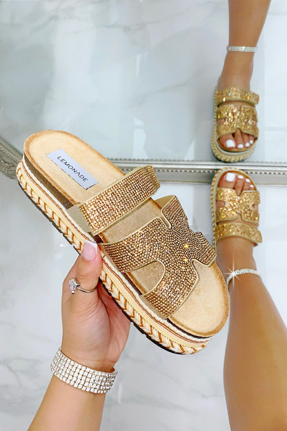 Crystal Luxe Double Strap Sliders Rose Gold