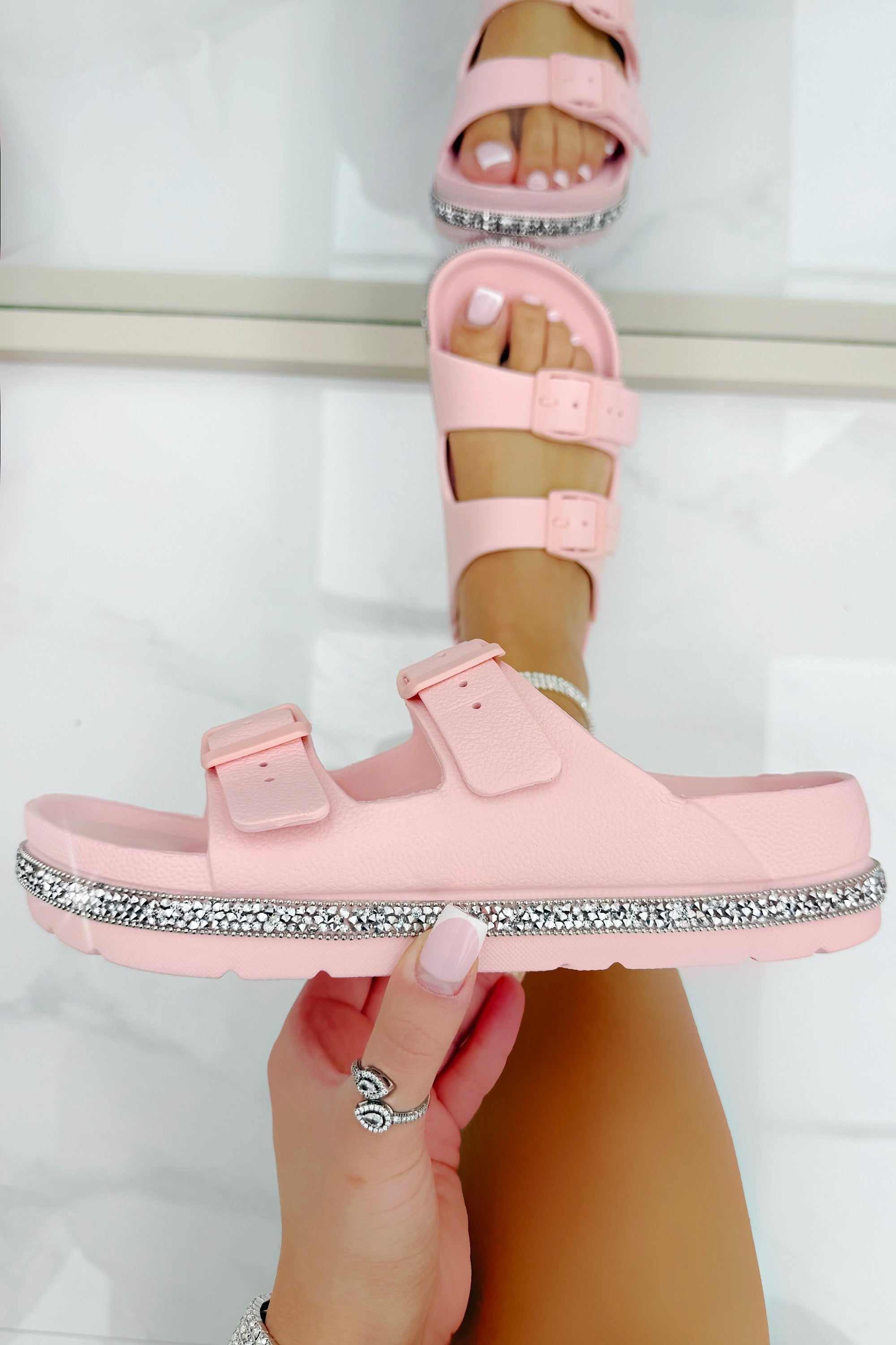 Crystal Trim Lightweight Double Strap Sliders Pink