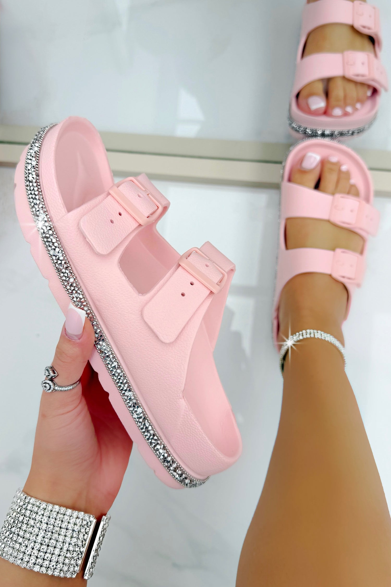 Crystal Trim Lightweight Double Strap Sliders Pink, shown from another angle